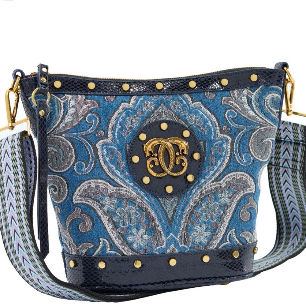 Shariff Blue Paisley Embroidered Crossbody Bag with Gold Accents